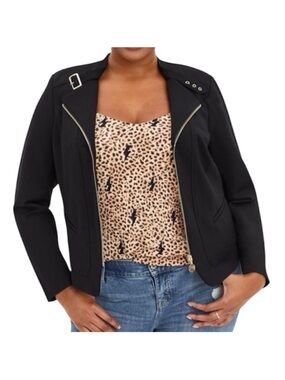 Torrid Jacket Black Ponte Moto Rose Zip Gold Buckle Mock Neck Preppy Business 4X